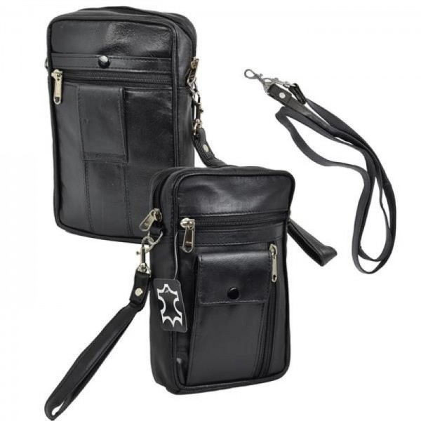 Herren Tasche Umhängetasche mit Handyfach Lamm Nappa Leder in Schwarz Neu